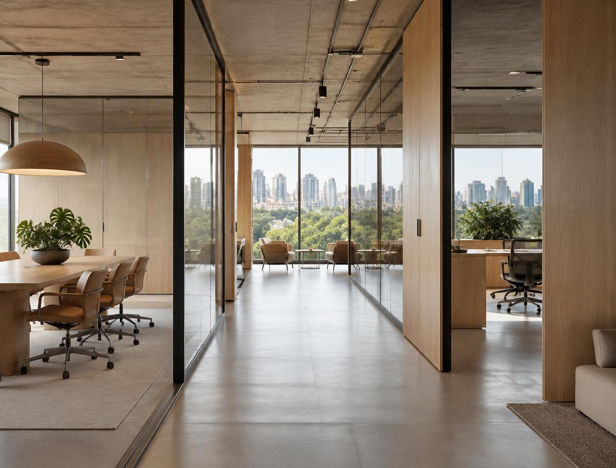 Ambiente corporativo contemporâneo com divisórias de vidro