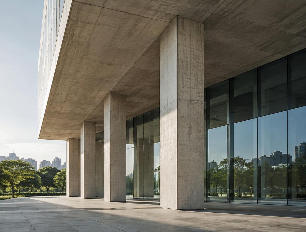 Imagem ilustrativa de arquitetura com pilares de concreto e fachada envidraçada